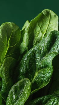 Close-up of lush leafy greens showcases droplets and intricate veins. The deep green backdrop enhances the seasonal freshness, capturing nature s vivid colors and textures beautifully.