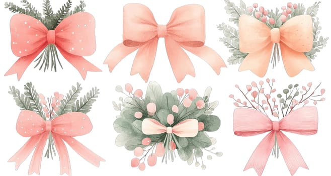 A collection of decorative bows in soft peach and pastel shades combines with fresh greenery. Perfect for embellishing crafts, gift wrapping, or special event decor.