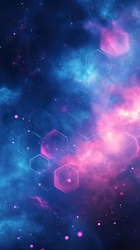 Dynamic abstract background showcases a harmonious blend of vibrant blue and purple hues. Hexagonal shapes integrate seamlessly into soft gradients, creating a modern and artistic atmosphere.