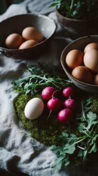Farm produce is beautifully arranged with eggs, radishes, and arugula on textured linen, enhanced by natural moss and ceramic bowls, evoking a sense of nostalgia and slow living.