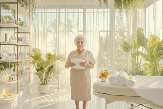 An elderly woman stands in a calming spa atmosphere by a massage bed. She holds a folded towel, surrounded by soft daylight and a minimalistic background adorned with plants.