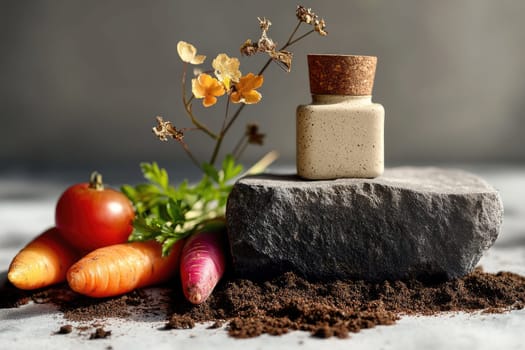 Heirloom tomatoes, rainbow carrots, and fresh herbs are artfully arranged on a textured stone surface with soil and moss. The earthy tones and soft lighting highlight farm-to-table freshness.