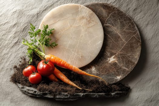 Fresh local farm products feature prominently with heirloom tomatoes, rainbow carrots, and herbs set on a textured stone background. Earthy tones and soft lighting enhance the farm-to-table essence.