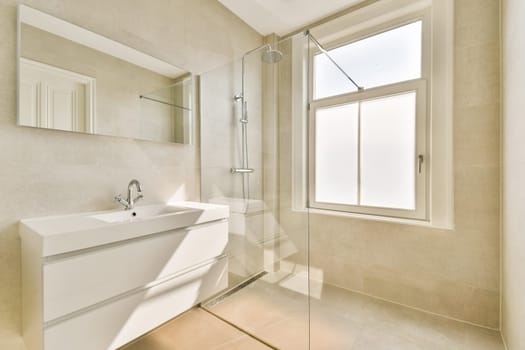 A stylish modern bathroom featuring a sleek shower and a well-placed mirror. Natural light streams through the window, enhancing the minimalist aesthetic.