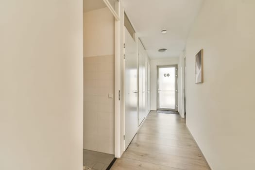 A sleek and contemporary hallway featuring light colors, wooden flooring, and minimalist design elements, creating a spacious and inviting atmosphere.