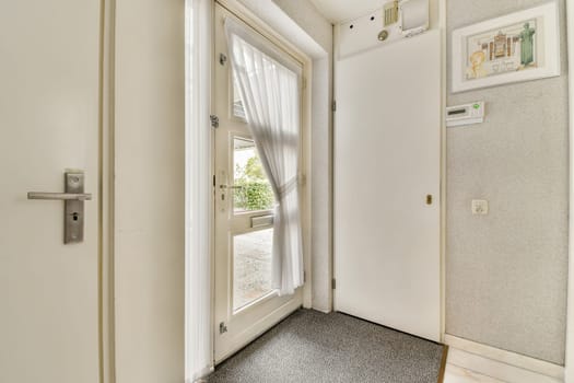 A bright and inviting home entrance featuring a door with sheer curtains, a rug, and textured walls that enhance the welcoming atmosphere.