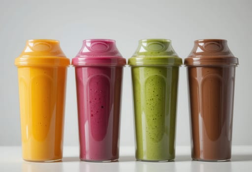 Assortment of colorful and healthy smoothies in clear shakers