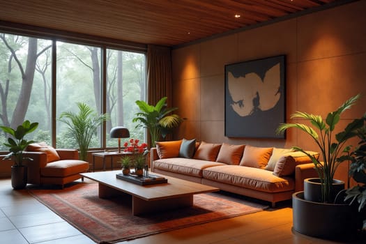 A warm and inviting living room features a plush sofa, stylish furniture, and lush plants, creating a tranquil atmosphere filled with natural light. Generative AI.