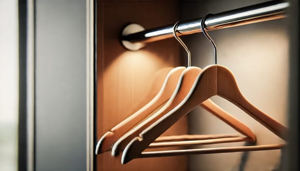 These images feature modern wooden hangers neatly arranged on a polished metal rod inside a minimalist closet. The soft lighting accentuates the smooth wood grain, casting gentle shadows that enhance the overall sleek design.