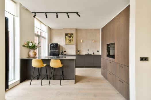 Sleek modern kitchen featuring dark wood cabinetry, elegant counter space, and minimalist decor that exudes a contemporary vibe.