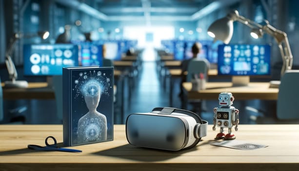 Set against a backdrop of futuristic screens, a virtual reality headset rests on a textbook about artificial intelligence, while a small robot appears ready for interaction, symbolizing the blend of education and cutting-edge tech.