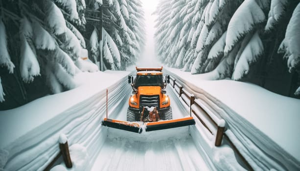 A bright orange snowplow clears a path through thick snow, with snow-laden trees arching over a wooden fence. The peaceful winter scene is set against a backdrop of dense, snow-covered branches, creating a tranquil yet hardworking atmosphere.