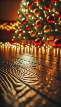 A wooden floor glows under festive red and golden Christmas lights, with a shallow depth of field softly blurring the background. The cozy reflections, pine branches, and ornaments create a dreamy, warm holiday scene.