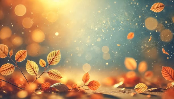 Small autumn leaves glow under warm sunlight with a highly blurred background and delicate, out-of-focus particles. The soft gradient of light blue and golden hues creates a peaceful, tranquil scene, perfect for text overlays.