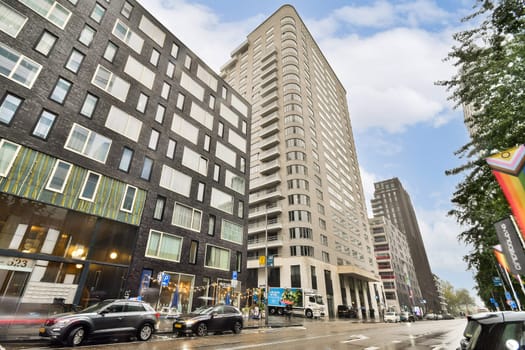 A vibrant urban scene showcasing a blend of modern skyscrapers and stylish buildings under a clear blue sky, illustrating contemporary architecture.