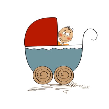 baby boy in stroller isolated on white background, vector illustration