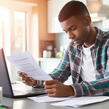 Handsome young African American man in checkered shirt looking at documents at his working place (ID: 001800)