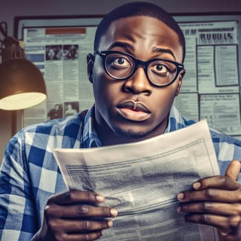 Young african american man in eyeglasses reading newspaper in cafe (ID: 001801)