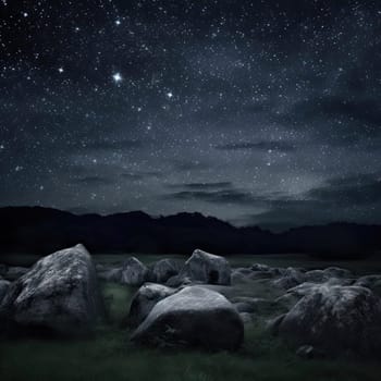 Night sky with stars over rocks in grassland (ID: 001840)