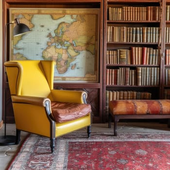 Yellow leather armchair in a library with bookshelves and map (ID: 001808)