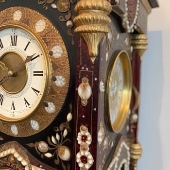 Close up of antique clock face with different ornaments and decorations (ID: 001817)