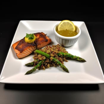 Grilled salmon with quinoa and asparagus on a white plate (ID: 001826)