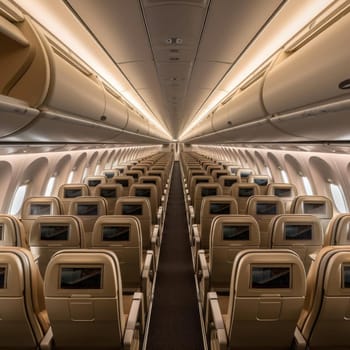 Interior of a commercial airplane with rows of seats in the cabin (ID: 001870)