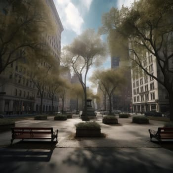 City square with trees and modern buildings in the background (ID: 001931)