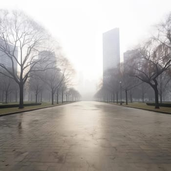 An empty square in a foggy day (ID: 001928)
