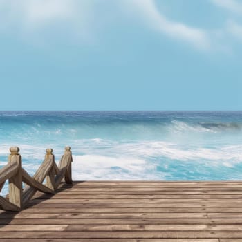 Wooden pier with sea and blue sky background
