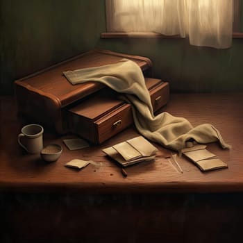 Still life with old books snd coffee cup on a wooden table