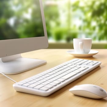 Workplace with computer and coffee cup on wooden table, blur background
