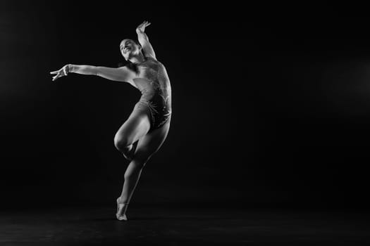 High jump, flight. Flexible girl, rhythmic gymnastics artist jumping. Grace motion action
