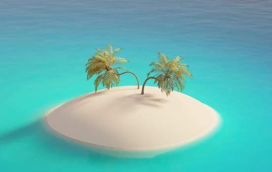 Empty tropical island with two palm trees in a turquoise ocean, vacation or travel concept, 3d rendering