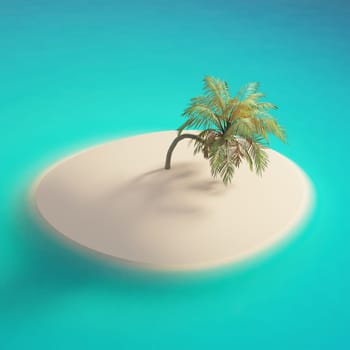 Empty tropical island with a palm tree in a turquoise ocean, vacation or travel concept, 3d rendering