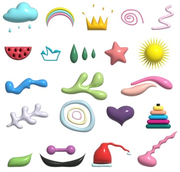 Various multicolored inflated doodles and objects. Set of isolated 3D illustrations