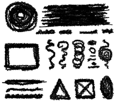 Various black shapes and lines on a white isolated background. Doodles hand drawn