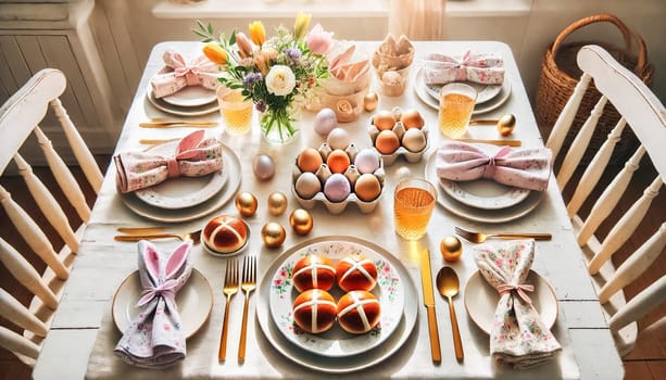 These images showcase a cozy Easter brunch table, set for a small family. Featuring floral plates, bunny-ear napkins wrapped around brown eggs, pastel-colored eggs, and golden cutlery, the setting is brightened by soft natural light. Hot cross buns and a small bouquet of spring flowers enhance the relaxed, cheerful atmosphere.