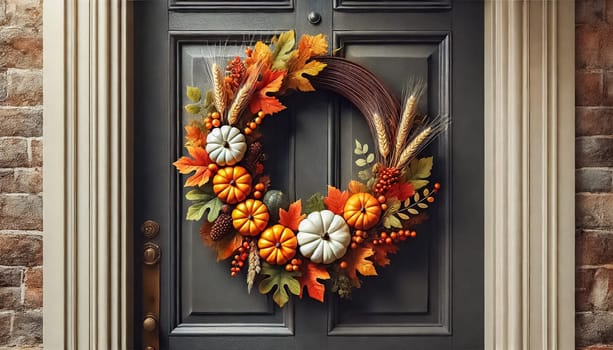 A suburban house’s front porch is subtly decorated with a small autumn wreath featuring pumpkins, berries, and colorful leaves. Potted mums and pumpkins sit on the porch, with a neatly maintained suburban neighborhood visible in the background, creating a cozy seasonal scene.