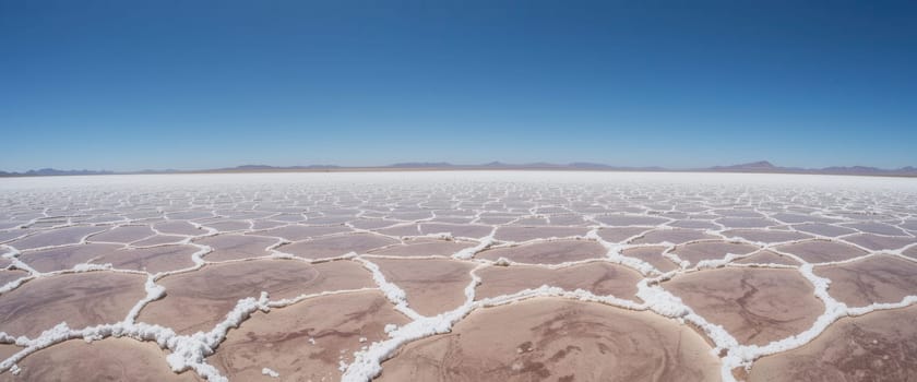 Expansive salt flat under a clear blue sky