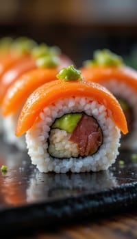 Delicious Salmon Sushi Rolls with Wasabi and Avocado