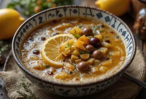 Delicious Lemon and Olive Soup in a Rustic Bowl