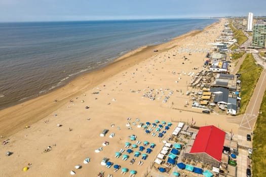 A lively beach landscape showcases sunbathers under colorful umbrellas by the shore, with waves gently lapping against the sand.