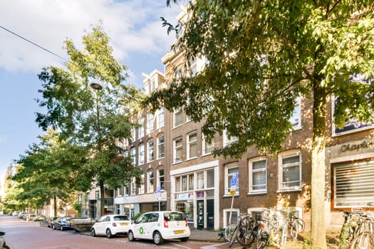 A vibrant street view featuring modern buildings shaded by lush trees, showcasing city life and tranquility in harmony.