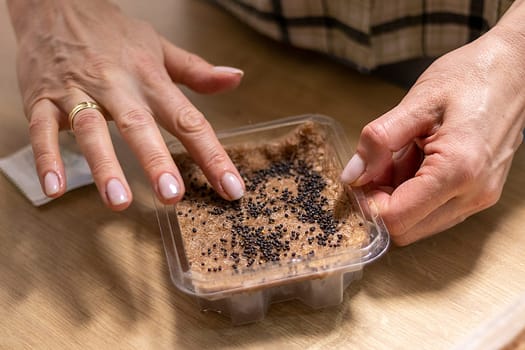 Person plants seeds of micro greens to the jute mat.