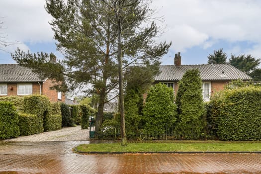 A serene residential area showcasing manicured hedges and brick houses, creating a warm and inviting atmosphere on a cloudy day.