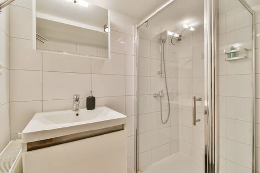 Features a sleek, modern bathroom setup showcasing a shower stall alongside a minimalist sink and contemporary fixtures, emphasizing cleanliness and style.