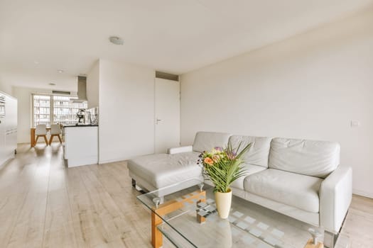 Contemporary minimalist style interior design of light studio apartment with wooden table and chairs in dining zone between open kitchen and living room with white walls and parquet floor