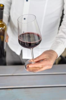 Glass of red wine in hands. Selective focus. drink.