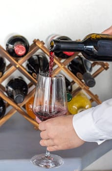 Glass of red wine in hands. Selective focus. drink.